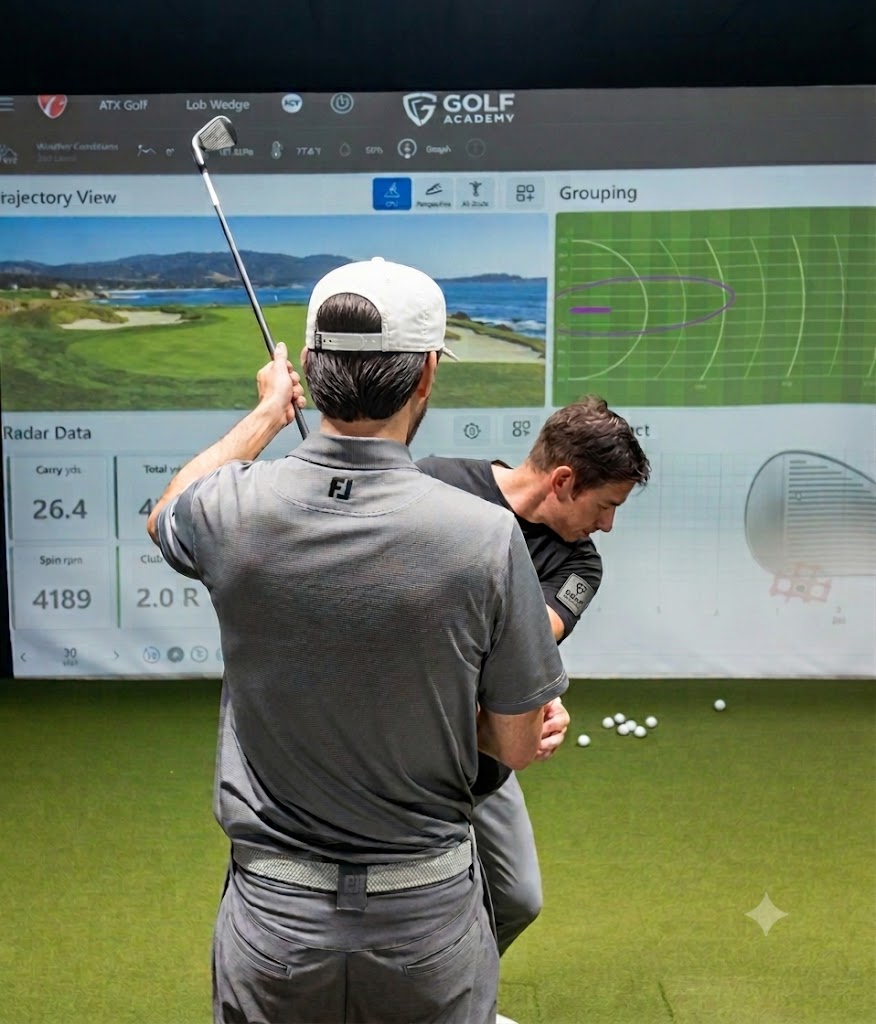 Coach Benjah coaching a student in the golf simulator bay